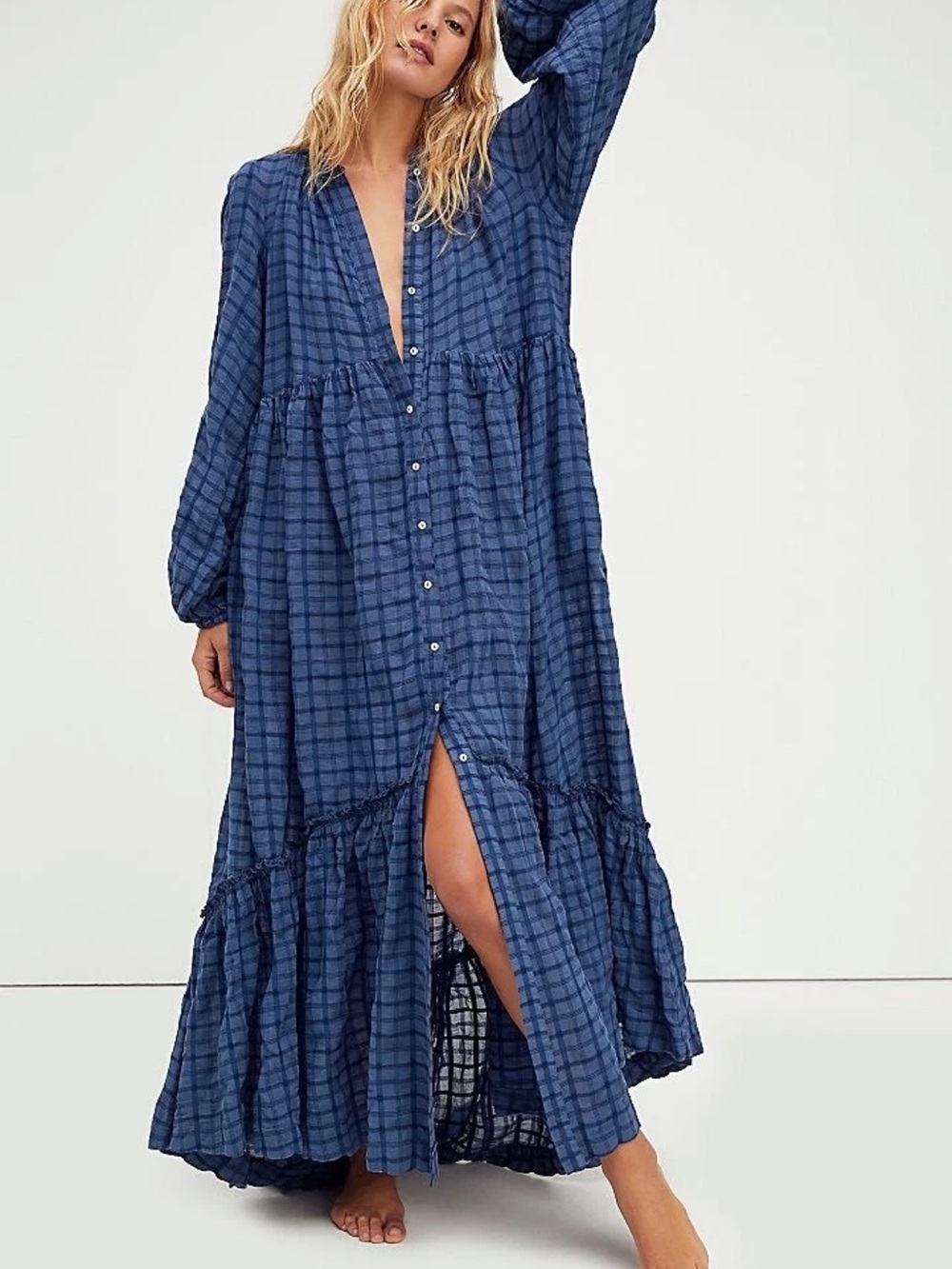 Free People Blue Plaid Maxi Dress - size XS